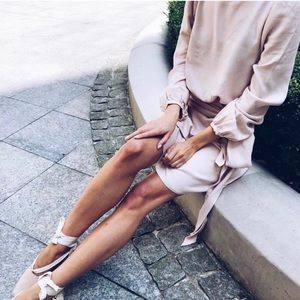 The Odder Side Blush Pink Cream Tie Front Long Puff Sleeve  Dress size M